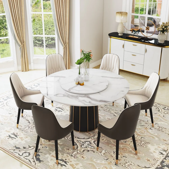 Modern White Round Marble Tabletop Dining Table with Lazy Susan, Black and Gold Leg, Dining Room Table