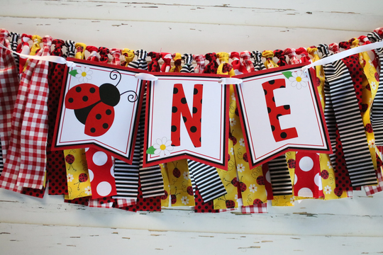 Ladybug High Chair Fabric Garland, Red Black Yellow Decoration, Little Bug Birthday Garland