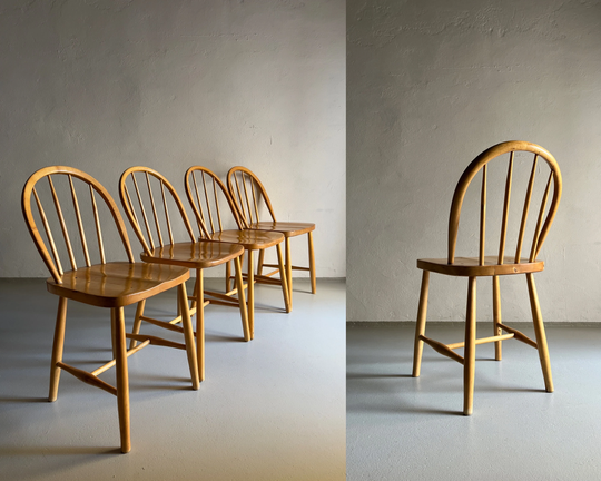 4 Windsor Side Chairs/Slat Back/Scandinavian/Beech Wood/Sweden/Mid-Century/Vintage