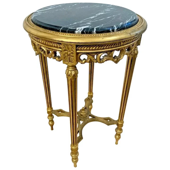 Antique Accent Table Plant Stand Italian Design Marble Top Gold Gilt Wood