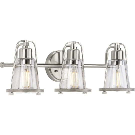 Conway Collection 3-Light Brushed Nickel Clear Seeded Glass Farmhouse Bath Vanity Light