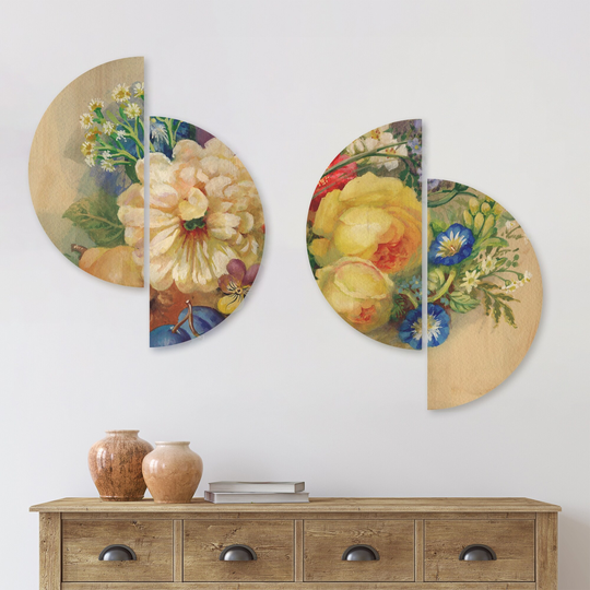 Designart 'Bunch of Flowers and Fruits' Floral Wood Wall Art Set of 4 Half Circles - Multi-Color