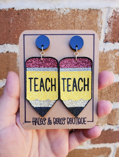 Teacher Pencil Faux Leather Earrings | Appreciation Gift Glitter Teach
