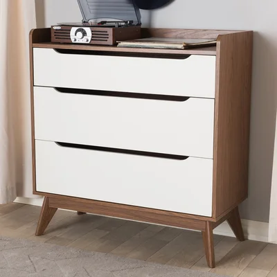 Moll Mid-Century Modern White And Walnut Wood 3-Drawer Storage Chest