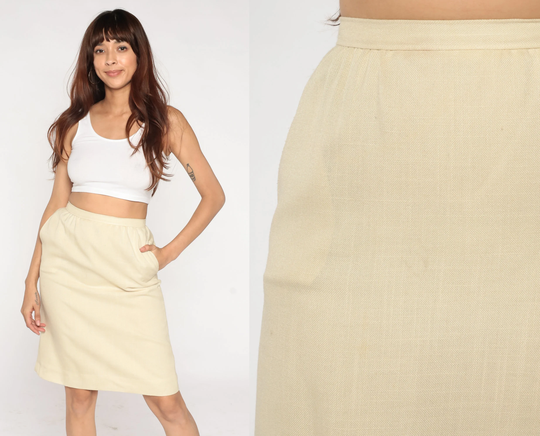 Cream Pencil Skirt 80S Knee Length Wiggle Retro High Waisted Party Formal Professional Office Secretary Vintage 1980S Extra Small Xs