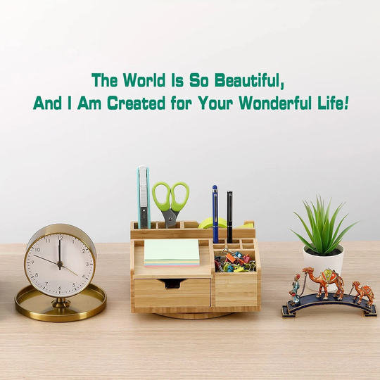 Eco Friendly Rotating Office Desk Organizer With Sliding Drawer, Pencil Holder, Tape Dispenser, Sticky Note Tray, Valentine's Gift For Her