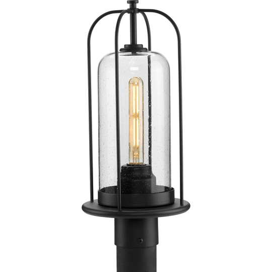 Watch Hill Collection 1-Light Textured Black Clear Seeded Glass Farmhouse Outdoor Post Lantern Light