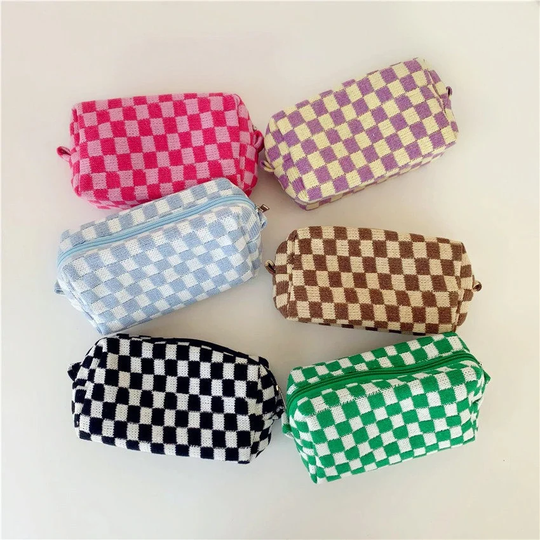 Cute Pencil Pouch, Checkerboard Makeup Bag, Knitted Fabric Beauty Pouch Free Shipping