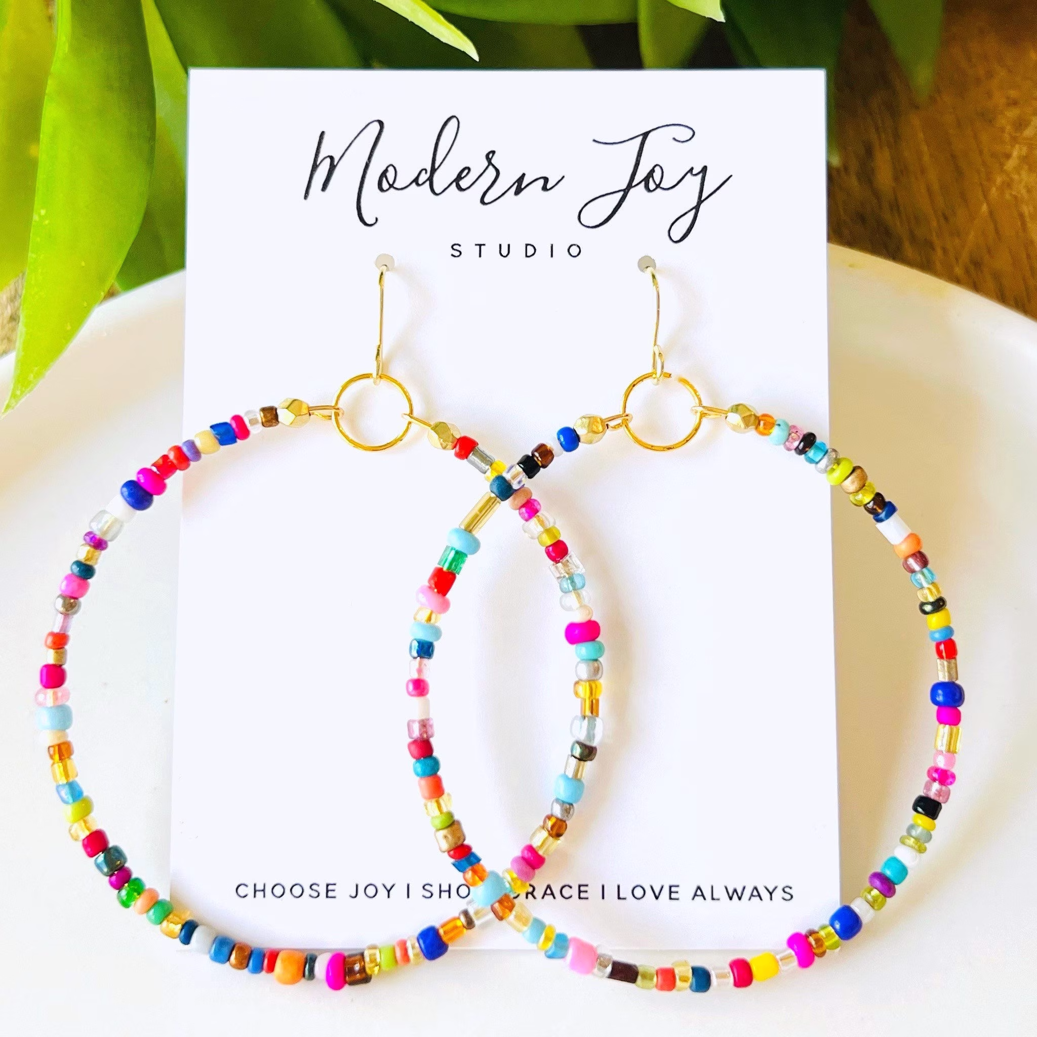 Beaded Hoop Earrings Colorful Boho Eclectic - Multicolored Glass Big Gift Unique Hippie Bead Gold Wire