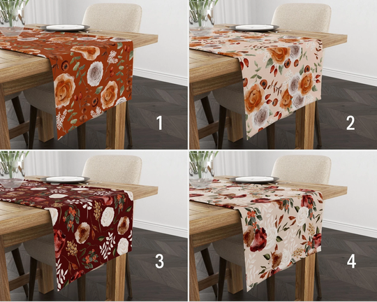Rose Flower Table Runner, Floral Boho Kitchen Terracotta Beige & Claret Red Tablecloth, Textile, Dining Room Decor