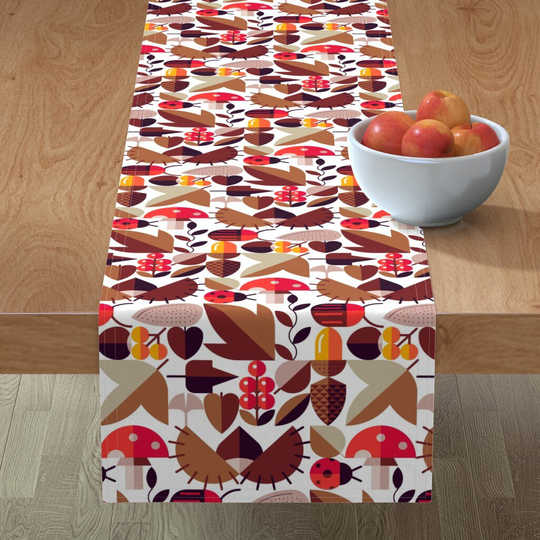 Autumn Geo Table Runner - Leaves & Seeds | Warm By Analinea Eaves Leaf Fall Ladybug Bug Cotton Sateen Spoonflower