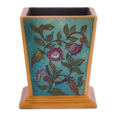 Fenix Flowering Companion Reverse-Painted Glass Pen Holder