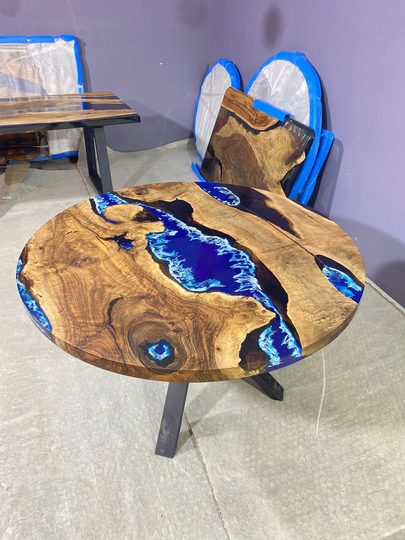 Round Dining Table, Custom 52" Diameter Walnut Wood Blue Turquoise, White Waves Epoxy Order For Stephanie R
