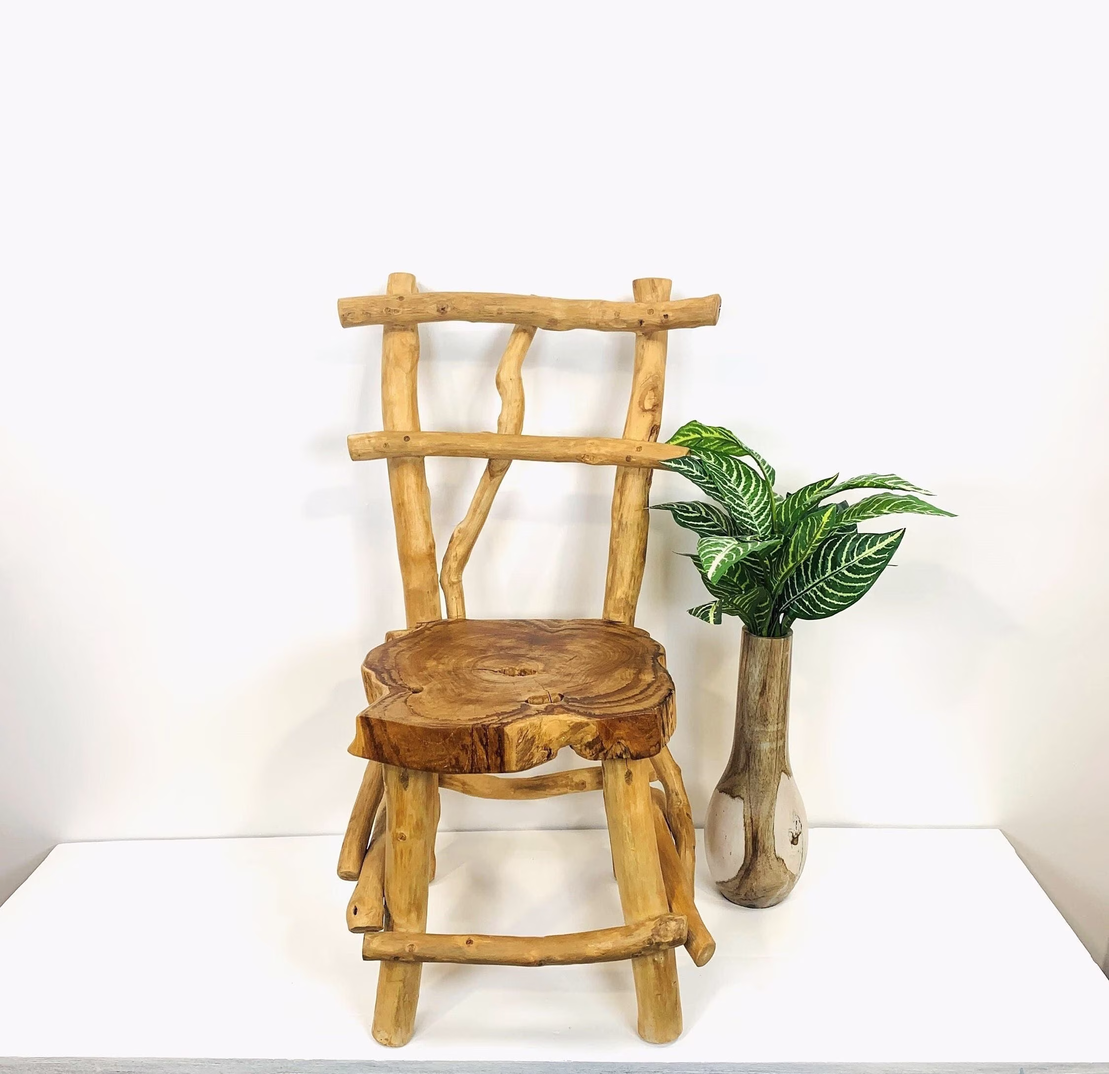 Rustic Accent Chair, Garden Chair, Solid Wood Driftwood Hand Carved Teak Root Live Edge Cabin Log