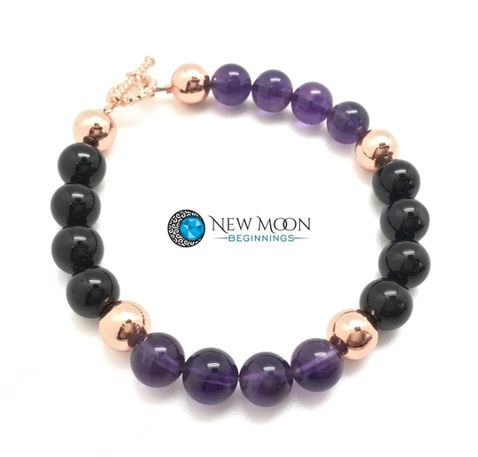 Wellness Bracelet - Amethyst Crystal Black Tourmaline Stone Copper Healing Clasp 8mm Bead