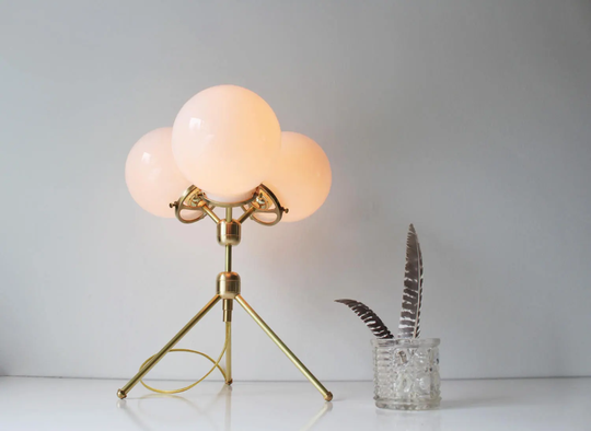 Brass Table Lamp, Tripod Desk 3 White Glass Globe Shades, Modern Bootsngus Designer Lighting & Home Decor