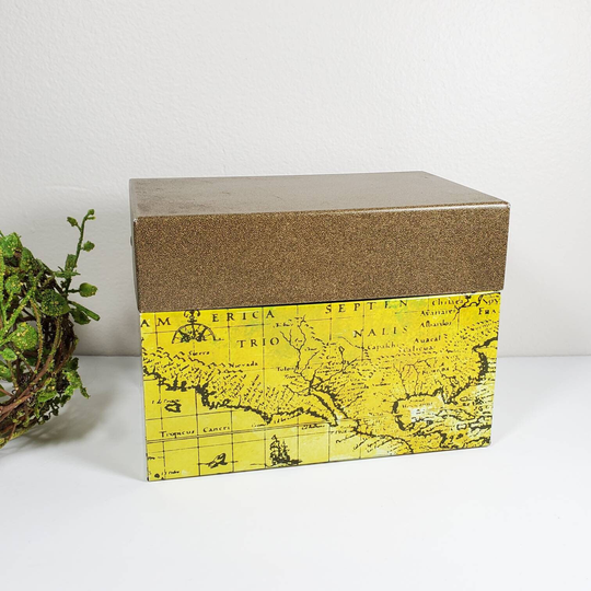 Vintage Recipe Box Metal Hinged Lid Yellow Map Brown Textured World Storage Desk Craft Office