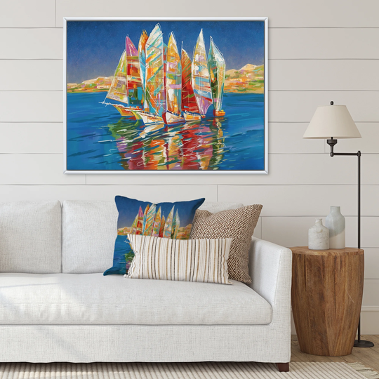 Designart 'Colorful Sailboat On Blue' Nautical & Coastal Framed Canvas Wall Art Print