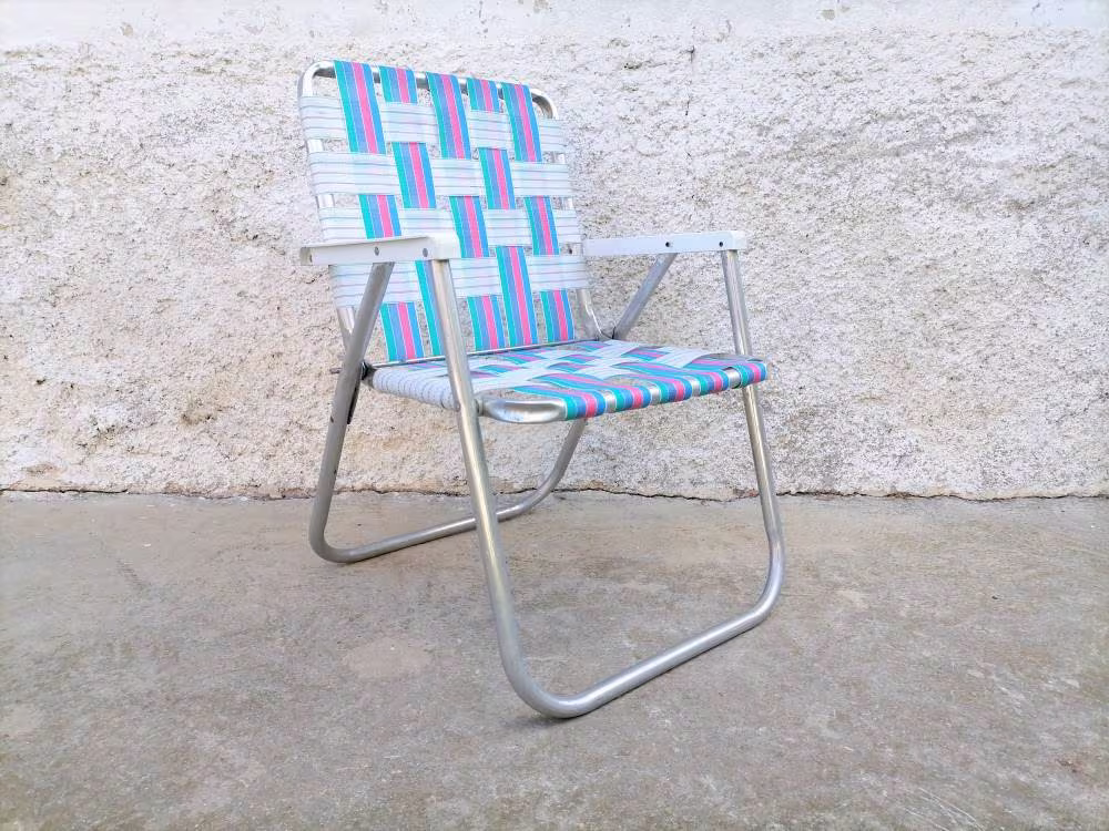 Vintage Picnic Chair/ Camping Lerolin Italian Canvas Metal Compact Colourful Folding 80S