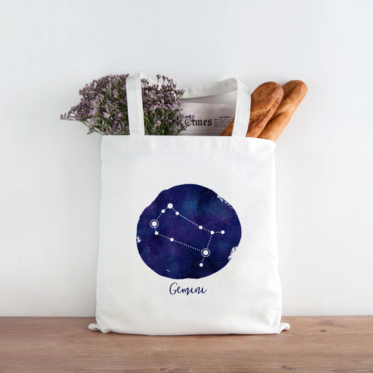 Astrology Tote Bag, Gemini Constellation Art Zodiac Tote, Celestial Gift, Reusable Grocery Bag 0078