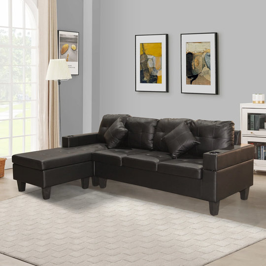 PU Leather L-Shape Sectional Sofa Set, 3-Seat Sofa and Chaise Lounge with 2 Cup Holders and 2 Pillows