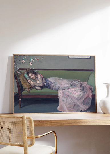 John Lavery - The Green Sofa | 1903 | Vintage Poster, Afternoon Nap, Lazy Female Painting, Oil Sleeping Woman, Home Wall Art