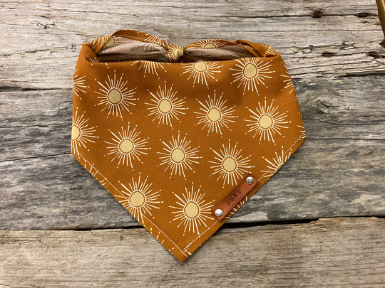 Dog Bandana, Copper Sunshine, Boho Rustic Traditional Tie, Personalized Leather Name Tag Bandana Scarf Pet Accessories