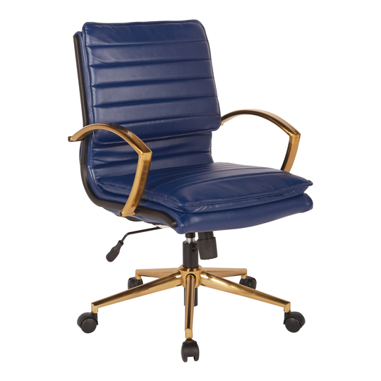 OS Home and Office Furniture Model Mid-Back Faux Leather Chair with Gold Finish in Navy Faux Leather