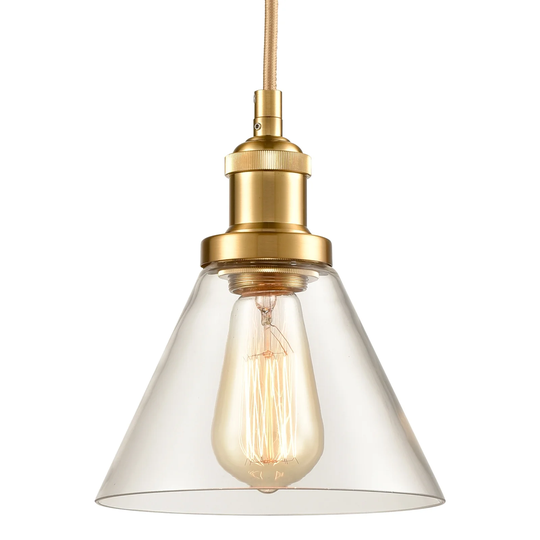 Calderone Modern Mini Glass Pendant Lights Brass Finish With Cone Shape Clear Glass Shade