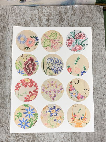 2-1/2 Inch Circle Vintage Embroidery Printed On Fabric Inspiration For Slow Stitching Art Junk Journal, Mixed Media Collage