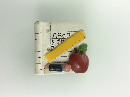 Vintage Pin Brooch Square Teacher Theme With Apple Pencil Ruler Notebook White Red Yellow Black Used