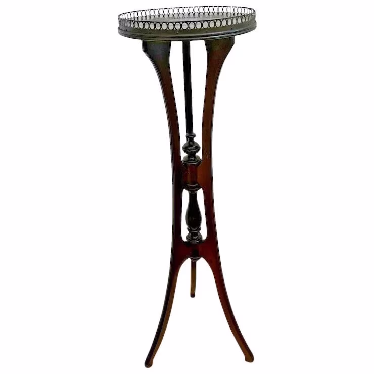 Vintage Tall Table Plant Stand Carved Brass Rimmed Jardiniere Solid Mahogany