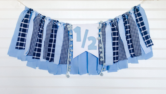 Half Birthday High Chair Banner, Boy Highchair Cake Smash Wall Garland, Decor, Light Blue Navy