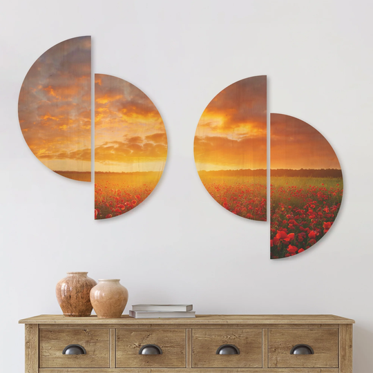 Designart 'Poppy Field under Bright Sunset' Landscape Wood Wall Art Set of 4 Half Circles - Multi-Color
