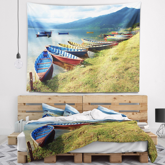 Designart 'Color Boats in Phewa Lake' Boat Wall Tapestry