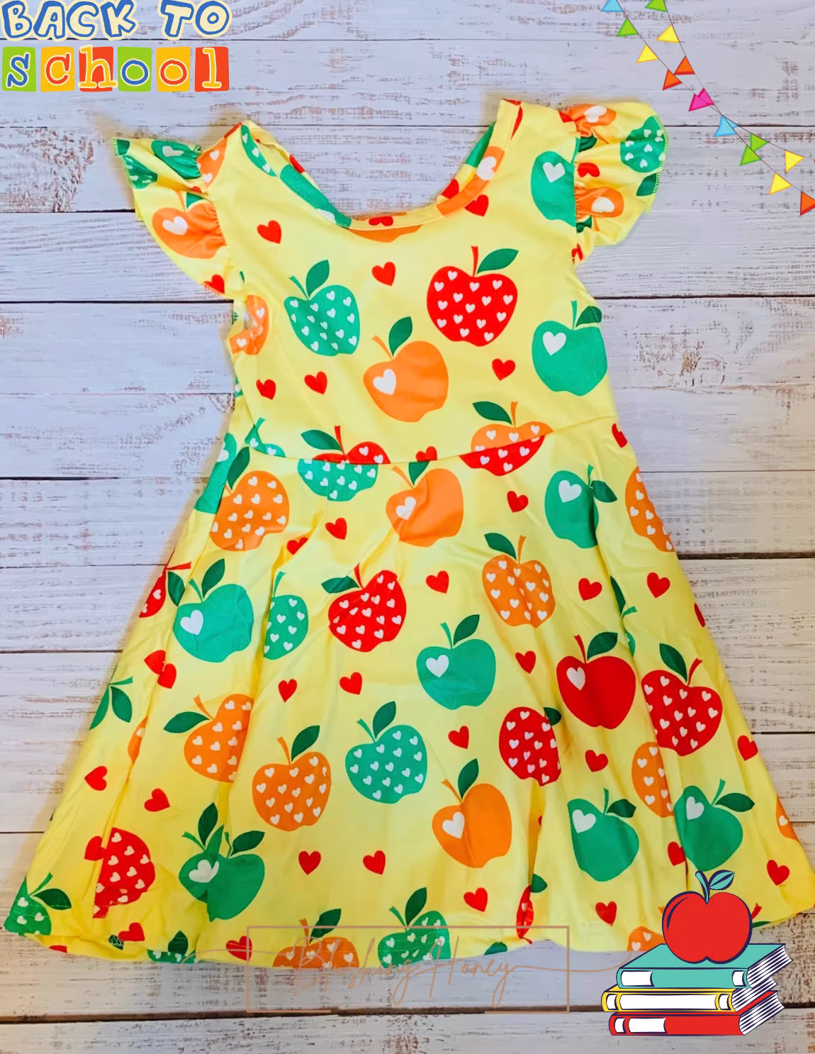 Milk Silk Back To School Yellow Apple Flutter Sleeve Dress, Girls Red, Green Apples, Bus, Pencil Elementary, Preschool Ships in 24 Hours