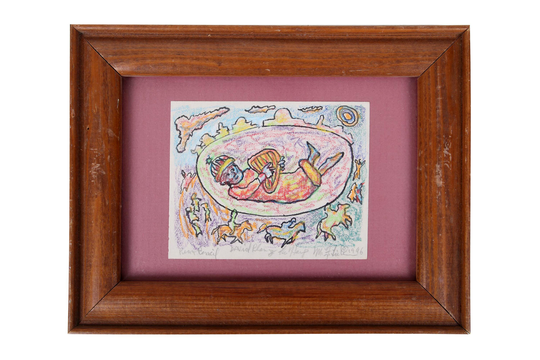 Meyer Frank Lieberman, Mixed Media Color Pencil Drawing Painting On Paper, King David Playing The Harp, 1996 Signed Contemporary Judaica Art