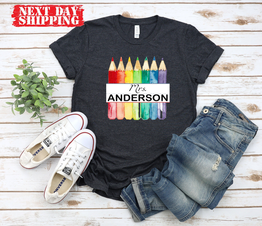 Custom Teacher Color Pencil Shirt, Art Name Shirts, Personalized Gift, Customized Kindergarten
