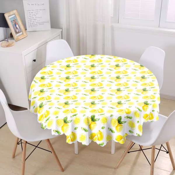Lemon Tablecloth|Round Slice Table Linen|Farmhouse Kitchen Decor|Fresh Citrus Top|Circle Yellow & Green Leaves Top