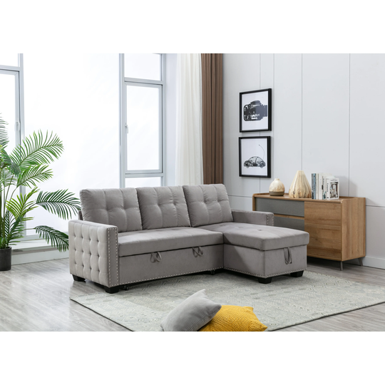 Reversible Sectional Sofa Pull out Sleeper Sofa Bed L-shape 3 Seat Sectional Storage Chaise