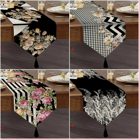 Black Floral Table Runner, Triangle Dining Deluxe Runner With Tassel, Tasseled