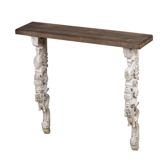 Prana 47 Inch Wall Mounted Shelf, Elegant Carved Scrollwork, Brown, Antique White