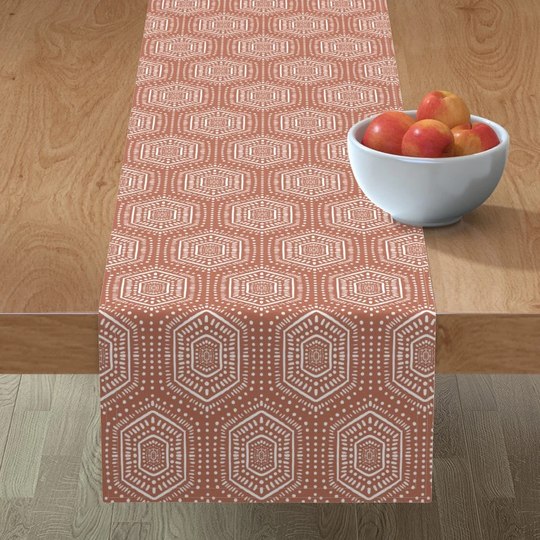Terra Cotta Hexagon Table Runner - Boho Painted Muted Clay By Designdn Geometric Mudcloth Cotton Sateen Spoonflower