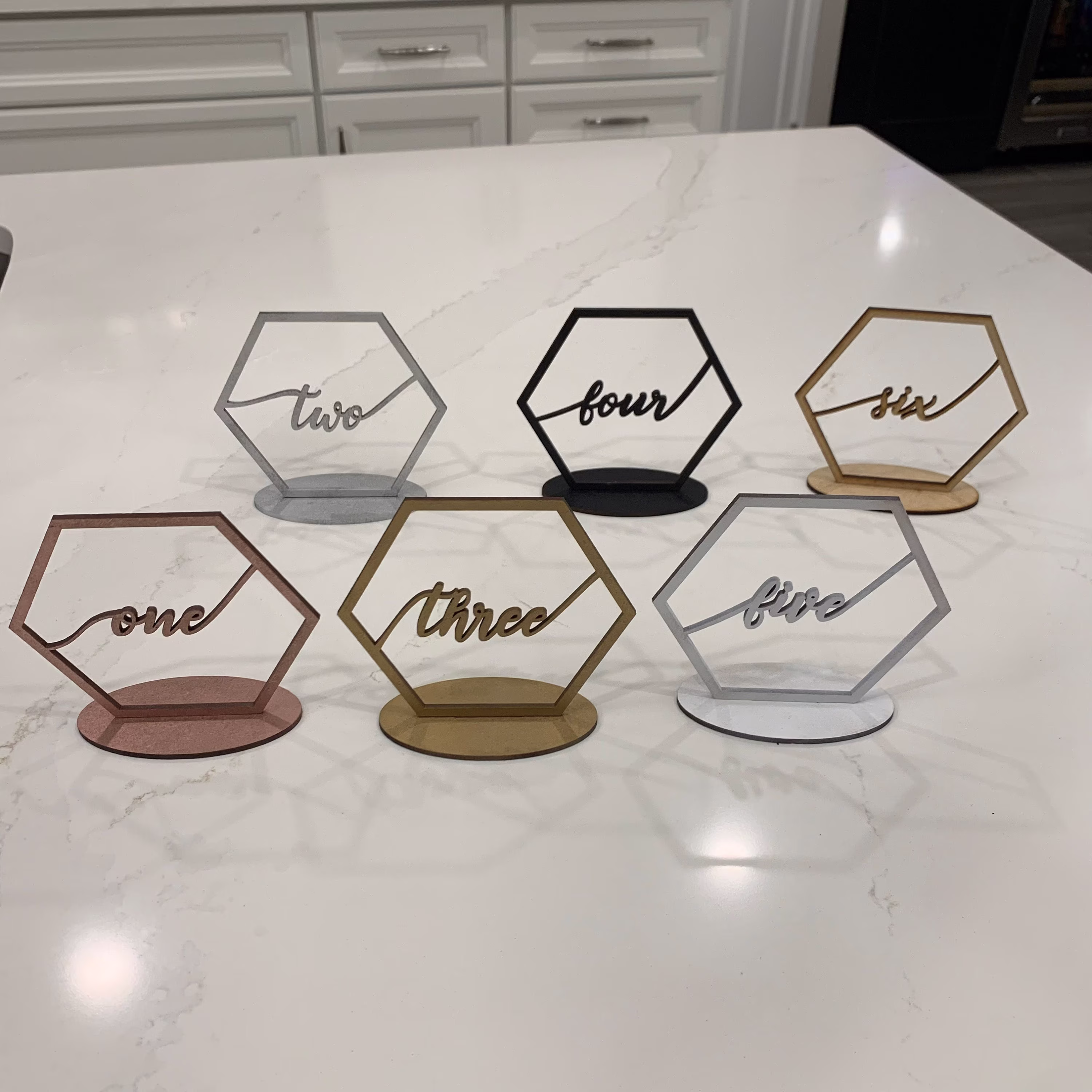 Table Numbers, Wedding Hexagon Rustic Decoration, Gold, Silver, Rose Gold Setting