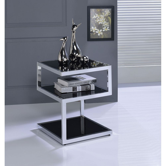 Modern Alyea Side Table with 2 Open Comparments (Chrome & Black Glass)
