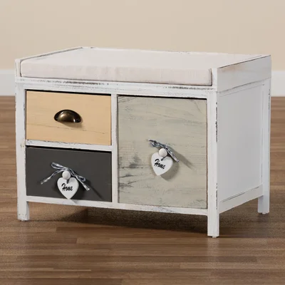 Eugenijus Modern Transitional Beige Fabric Upholstered And Multi-Colored Wood 3-Drawer Storage Bench