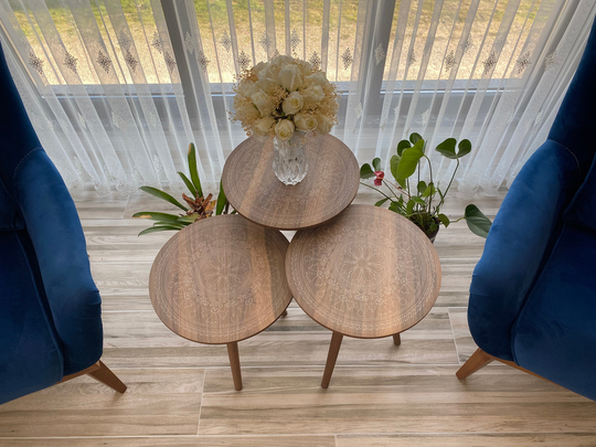 White/Walnut Wooden Round Nesting Table Set, Modern Side Table, Tables, With Laser Engraving