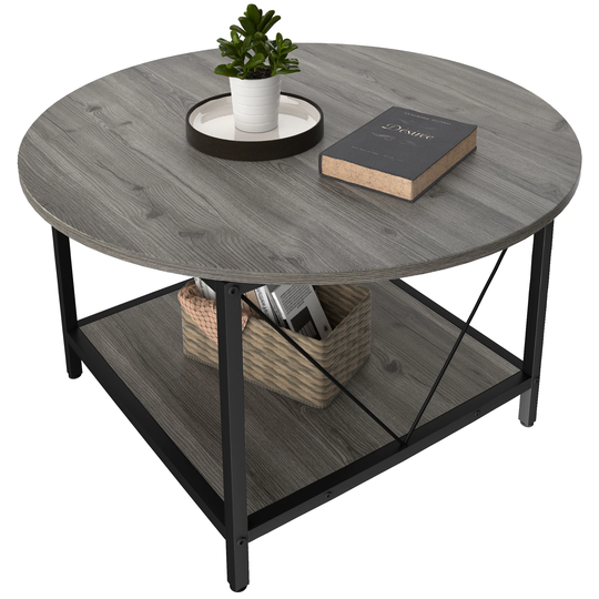 Rustic Round Coffee Tables for Living Room with Storage Shelf