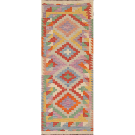 Colorful Geometric Kilim Oriental Runner Rug Hand-woven Wool Carpet - 2'8"x 8'4"