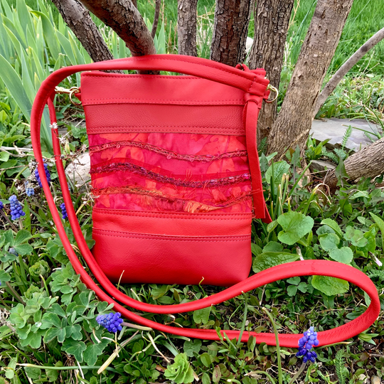 Small Crossbody Art Bag Red Leather Piecework Fiber Upcycled Recycled Fashion Everyday Evening Boho Gift For Her Phone
